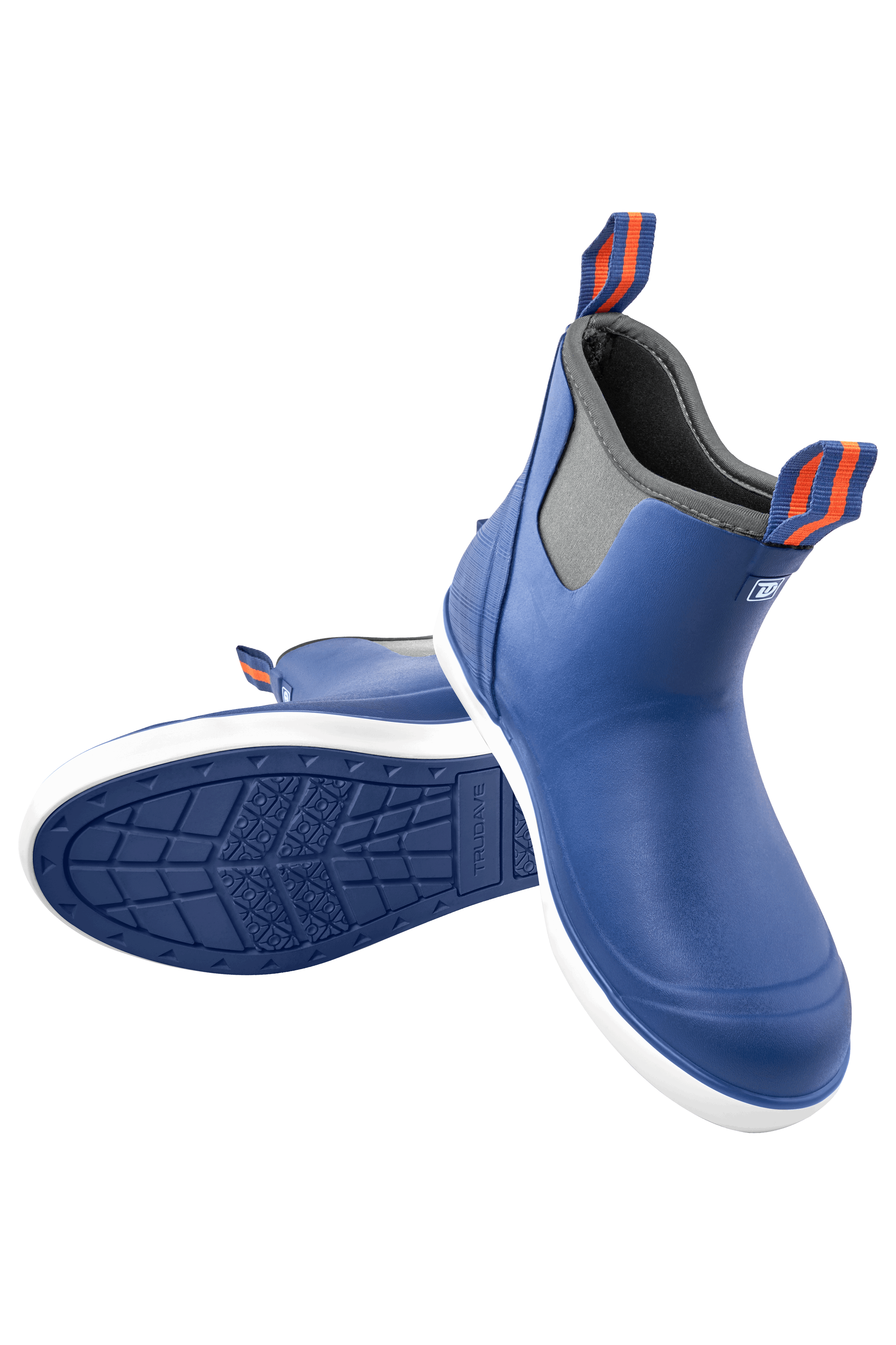 Front and outsole view of Trudave DeckFlow Series women’s ankle waterproof rubber deck boots in legion blue showing non-slip sole and durable waterproof design for fishing and boating use